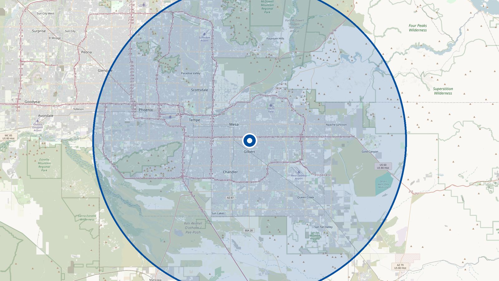 Map of the Phoenix East Valley with a 25 mile service circle around the No Limit Pools office in Mesa