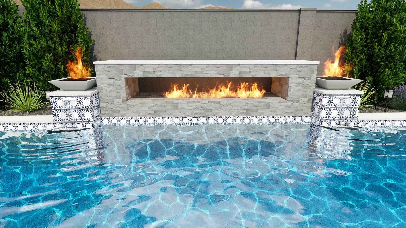 3D design by Dillan Ballard: fire wall with fire bowls, patterned tile and raised spa